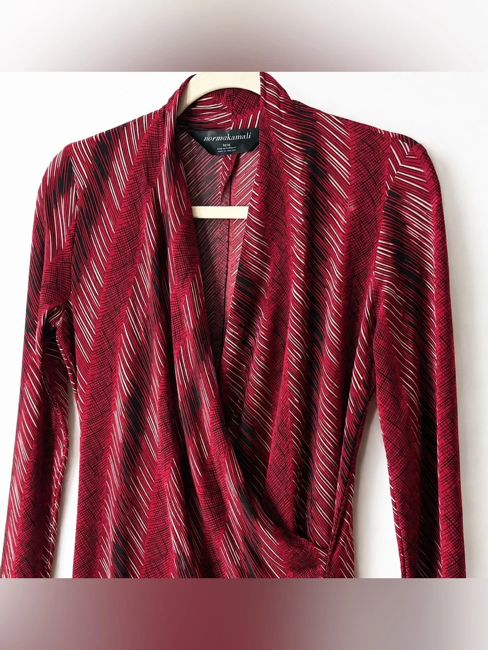 Revolve Norma Kamali Long Sleeve Faux Wrap Red Printed Dress‎ Size M Stretch